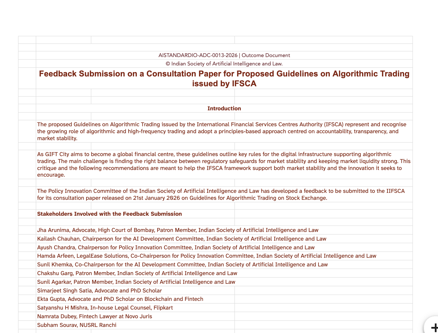 Feedback Submission on a Consultation Paper for Proposed Guidelines on Algorithmic Trading issued by IFSCA