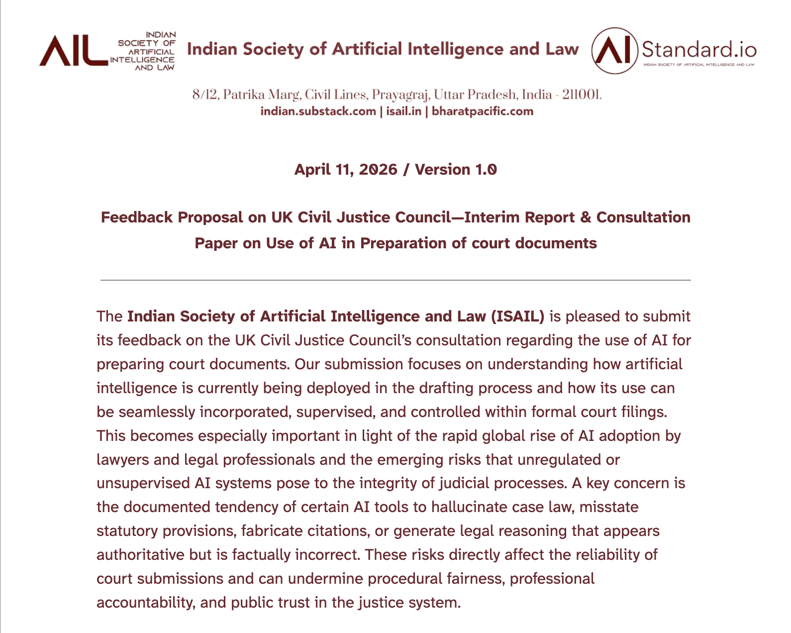 Feedback Proposal on UK Civil Justice Council—Interim Report & Consultation Paper on Use of AI in Preparation of court documents
