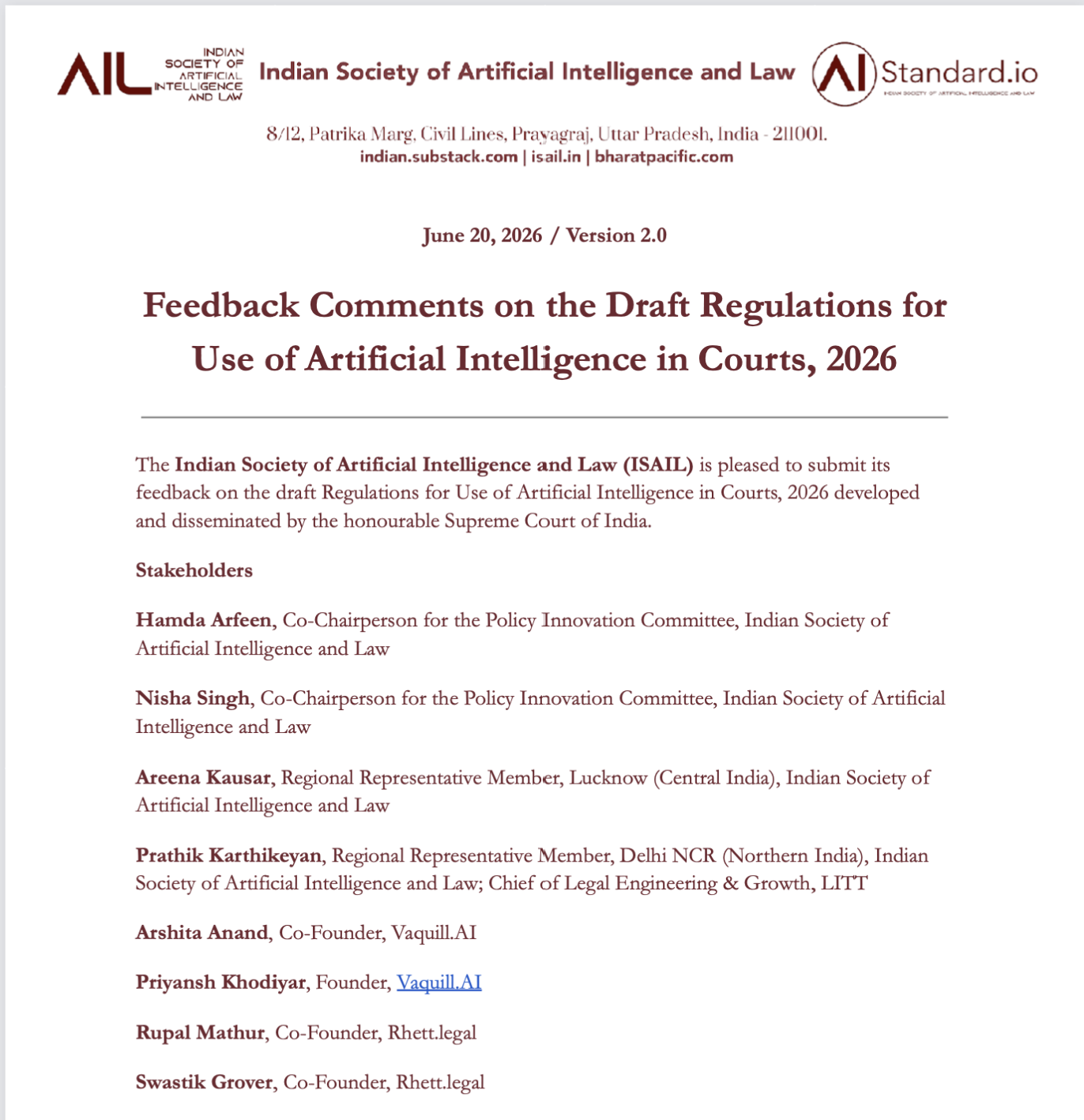 ISAIL's Feedback on draft Regulations for Use of Artificial Intelligence in Courts, 2026 by the Honourable Supreme Court of India